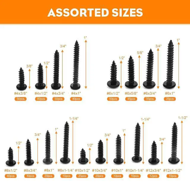 Alt view image 2 of 7 - 542PCS #4#6#8#10#12 Phillips Head Screw Set Stainless Steel Wood Screws Assortment Kit, Assorted Sheet Metal Self Tapping Screws, 18-8(304) Stainless Steel (pan Black)