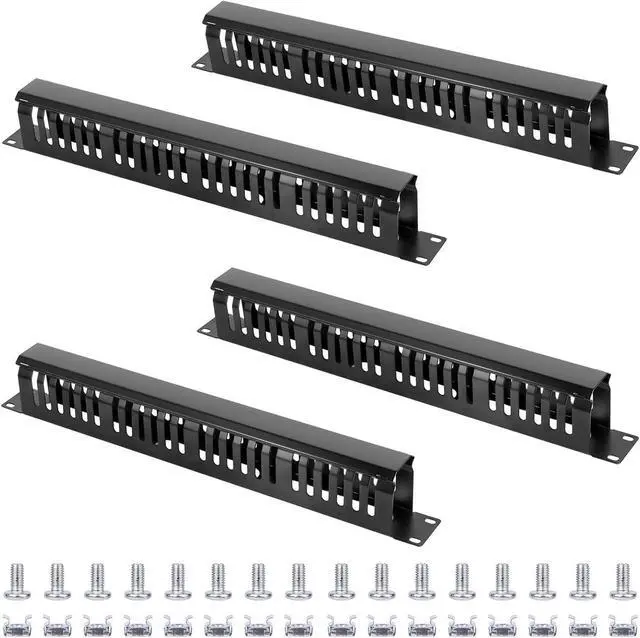 Main image of 4 Pack 19 Inch 1U Server Rack Cable Management -24 Slot Horizontal Rack Mount Cable Manager with Rack Screws - Cable Raceway Wire Duct Channel Track Cord Organizer with Cover for Server Rack & Cabinet