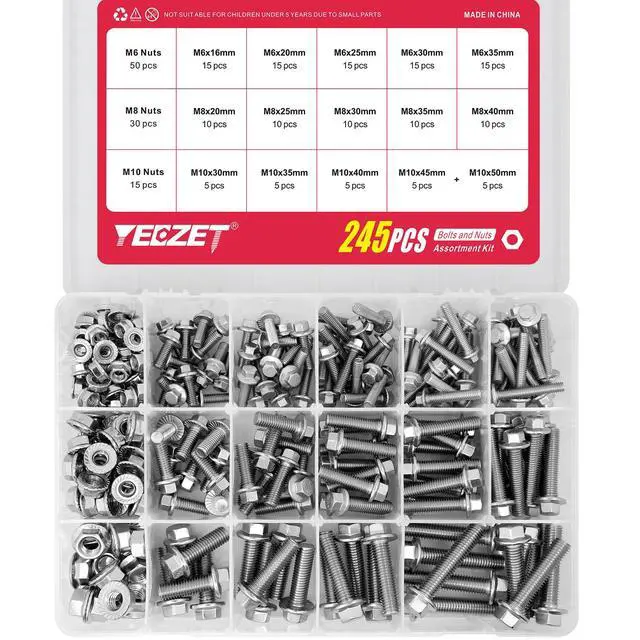 Alt view image 4 of 7 - 245PCS M6 M8 M10 Heavy Duty Flanged Bolts and Nuts Kit,Stainless Steel 304 Metric Flanged Hex Screws Nuts Includes 15 Most Common Sizes
