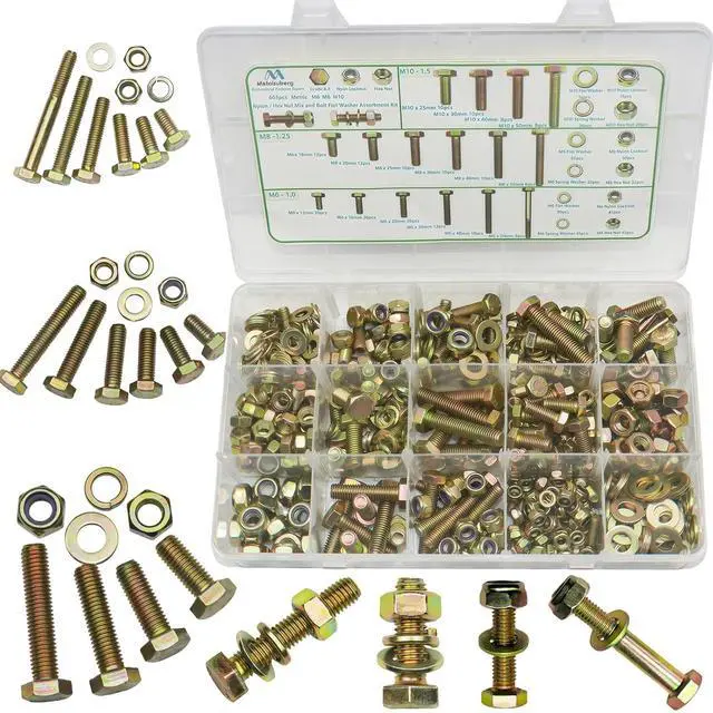 Main image of 663pcs Metric M6 M8 M10 Nylon Locknut and Hex nut Mix, Hex Bolt Washer Assortment Kit by Color Galvanization,Alloy Steel,Grade 8.8 Heavy Duty.Length 12-50mm,16 Common Size.