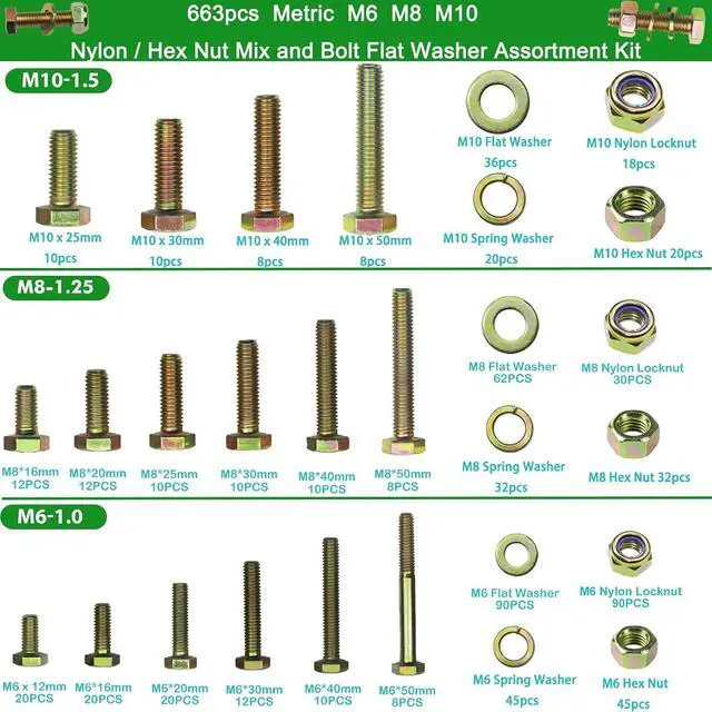 Alt view image 2 of 7 - 663pcs Metric M6 M8 M10 Nylon Locknut and Hex nut Mix, Hex Bolt Washer Assortment Kit by Color Galvanization,Alloy Steel,Grade 8.8 Heavy Duty.Length 12-50mm,16 Common Size.