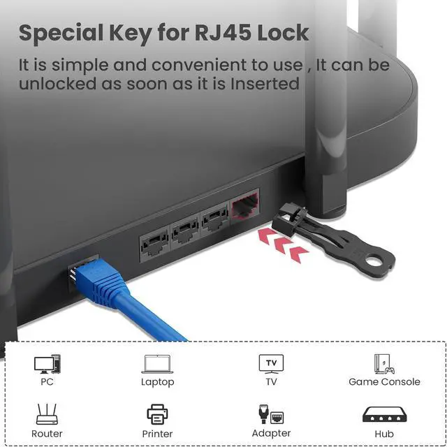 Alt view image 6 of 7 - 100 Pcs RJ45 Port Lock with 10 Key, Locking RJ45 Port/Dust Blocker, RJ45 Dust Cover Cap Female Port Plugs Protector, Compatible RJ45 Port Devices, Black