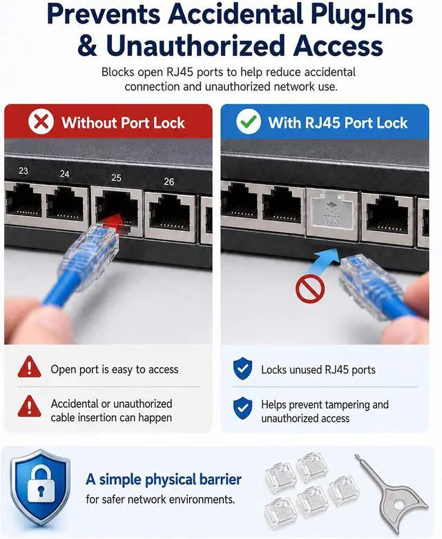Alt view image 4 of 6 - 100-Pack RJ45 Port Lock with 5 Keys,Security Network Port Lock & Dust Cover,Female RJ45 Connector Blocker Cap Protector for Computers,Servers,Routers & More (Transparent)