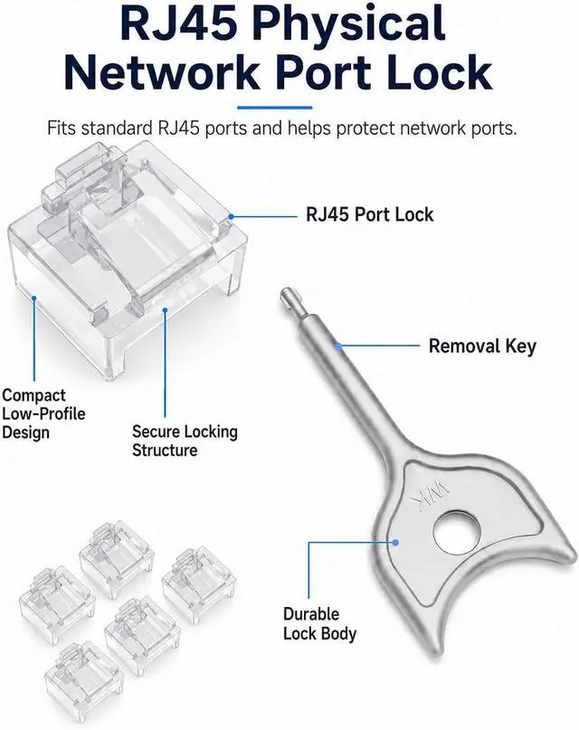 Alt view image 5 of 6 - 100-Pack RJ45 Port Lock with 5 Keys,Security Network Port Lock & Dust Cover,Female RJ45 Connector Blocker Cap Protector for Computers,Servers,Routers & More (Transparent)