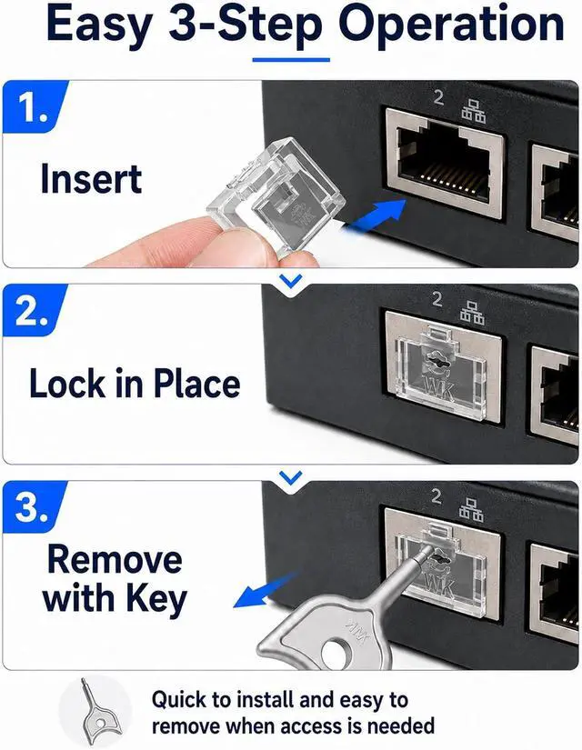 Alt view image 6 of 6 - 100-Pack RJ45 Port Lock with 5 Keys,Security Network Port Lock & Dust Cover,Female RJ45 Connector Blocker Cap Protector for Computers,Servers,Routers & More (Transparent)