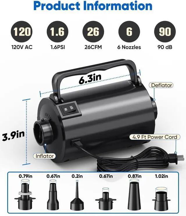Alt view image 2 of 7 - Electric Air Pump with Hose for Inflatables, High Power Inflator Deflator Blow Up Pump with 6 Nozzles, Pool Toy Float Pump for Pool Floats, Air Mattress, Toys, Gym Mat, 320W, 1.5PSI, 120V AC