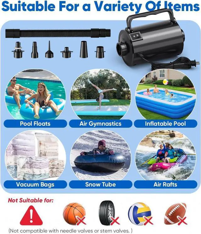 Alt view image 4 of 7 - Electric Air Pump with Hose for Inflatables, High Power Inflator Deflator Blow Up Pump with 6 Nozzles, Pool Toy Float Pump for Pool Floats, Air Mattress, Toys, Gym Mat, 320W, 1.5PSI, 120V AC