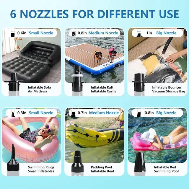 Alt view image 4 of 7 - Air Pump for Inflatable Pool Toys 600W High-Power Air Pump with 6 Nozzles-AC 110-120V for Air Mattresses, Pool Floats, Rafts, Gymnastics Mats Air Bed Portable & Multi-Use