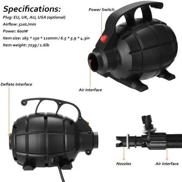 Alt view image 4 of 7 - Air Pump JZ-505, 17000pa 600W High Pressure HighCapacity Multifunction Electric Pump for Inflatables Air Mattress( standard (AC110-120V)), Various Pumps And Accessories