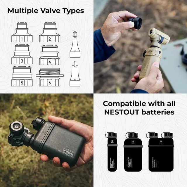 Alt view image 7 of 7 - NESTOUT Pump-1 Air Pump for Camping, Modular Outdoor Inflator for NESTOUT Batteries (Sold Separately), Quiet Dual-Speed Brushless Motor, 8 Nozzles for Mattress, Pads & Floats