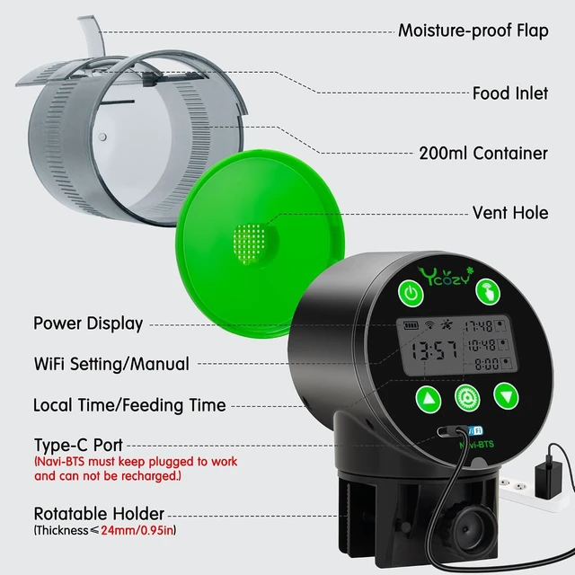 Alt view image 7 of 7 - WiFi Automatic Aquarium Fish Feeder with Remote APP Control, Plug Powered, Plug & USB-C Cable Auto Food Dispenser for Small Tank/Betta/Turtle