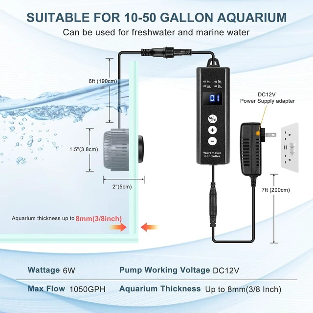Alt view image 2 of 6 - 1050GPH Mini Aquarium Wave Maker with Adjustable Controller, 6W DC12V Magnetic Mount