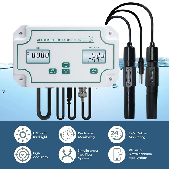 Alt view image 4 of 7 - Smart EC pH Temperature Monitor for Hydroponics, 3-in-1 WiFi Water Quality Tester pH EC Controller with Dual Relay Output for Nutrient Reservoir Electric Conductivity Controller pH Meter for Aquarium