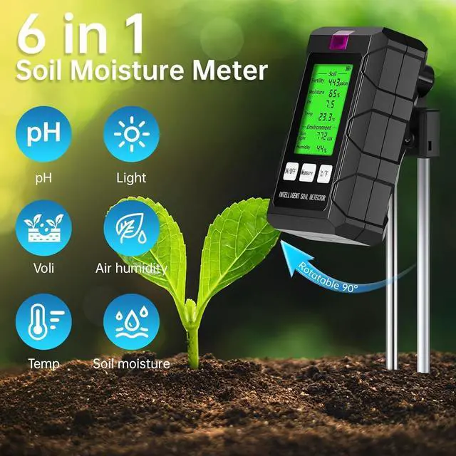 Alt view image 2 of 7 - Soil Test Kit, 6 in 1 Soil Tester with Soil Moisture, PH, Fertility Meter with Digital Soil Temp, Air Temp and Humidity for Plants, Lawn, Farm, Indoor and Outdoor(2*AAA Battery Needed)