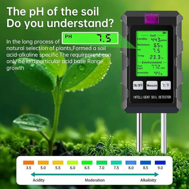 Alt view image 3 of 7 - Soil Test Kit, 6 in 1 Soil Tester with Soil Moisture, PH, Fertility Meter with Digital Soil Temp, Air Temp and Humidity for Plants, Lawn, Farm, Indoor and Outdoor(2*AAA Battery Needed)