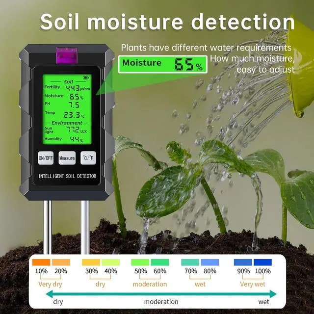Alt view image 4 of 7 - Soil Test Kit, 6 in 1 Soil Tester with Soil Moisture, PH, Fertility Meter with Digital Soil Temp, Air Temp and Humidity for Plants, Lawn, Farm, Indoor and Outdoor(2*AAA Battery Needed)