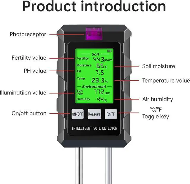 Alt view image 7 of 7 - Soil Test Kit, 6 in 1 Soil Tester with Soil Moisture, PH, Fertility Meter with Digital Soil Temp, Air Temp and Humidity for Plants, Lawn, Farm, Indoor and Outdoor(2*AAA Battery Needed)
