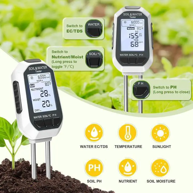 Alt view image 2 of 7 - Moisture Meter for Plants, 7-in-1 Digital Soil Tester Kit with Backlit LCD - Measures pH, EC, TDS, Fertility, Temp, Moisture & Sunlight, Garden Tools for Indoor & Outdoor