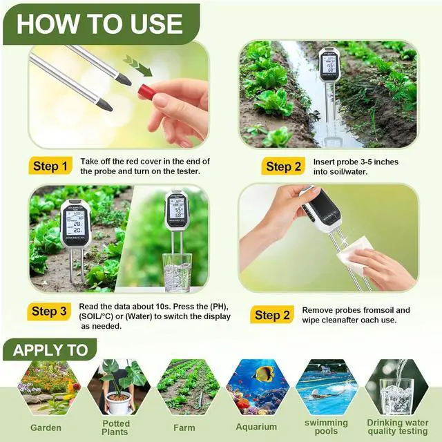 Alt view image 4 of 7 - Moisture Meter for Plants, 7-in-1 Digital Soil Tester Kit with Backlit LCD - Measures pH, EC, TDS, Fertility, Temp, Moisture & Sunlight, Garden Tools for Indoor & Outdoor