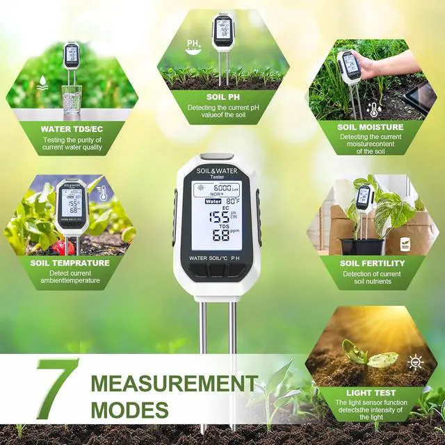 Alt view image 5 of 7 - Moisture Meter for Plants, 7-in-1 Digital Soil Tester Kit with Backlit LCD - Measures pH, EC, TDS, Fertility, Temp, Moisture & Sunlight, Garden Tools for Indoor & Outdoor