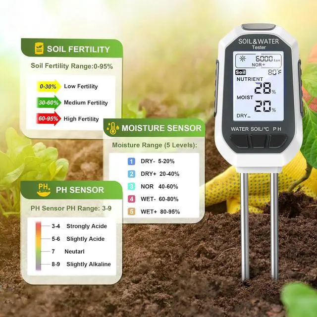 Alt view image 7 of 7 - Moisture Meter for Plants, 7-in-1 Digital Soil Tester Kit with Backlit LCD - Measures pH, EC, TDS, Fertility, Temp, Moisture & Sunlight, Garden Tools for Indoor & Outdoor