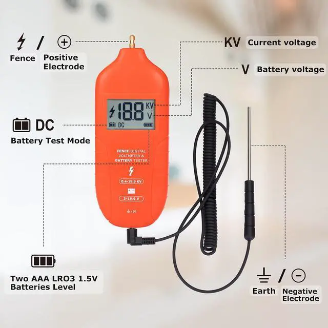 Alt view image 3 of 7 - Electric Fence Tester Fault Finder Digital Electric Fence Voltage Tester Max 19.9kv, Fence Voltage Tester with Large LCD Display, Grounding & 1.5V Battery Included