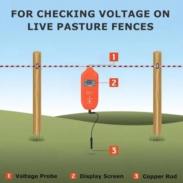 Alt view image 7 of 7 - Electric Fence Tester Fault Finder Digital Electric Fence Voltage Tester Max 19.9kv, Fence Voltage Tester with Large LCD Display, Grounding & 1.5V Battery Included