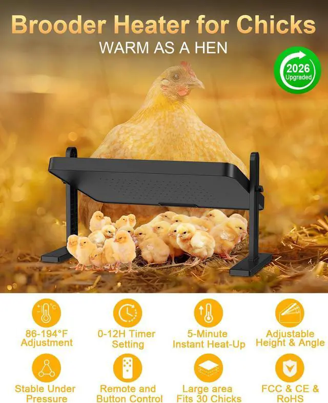 Alt view image 2 of 7 - Chick Brooder Heater with Adjustable Temp (86~194) & 12H Timer & Height & Angle, Rapid-Heating Heat Plate for Chicks with Remote Control, 16"x12" for 30 Chicks, Brooder Plate for Young Poultry
