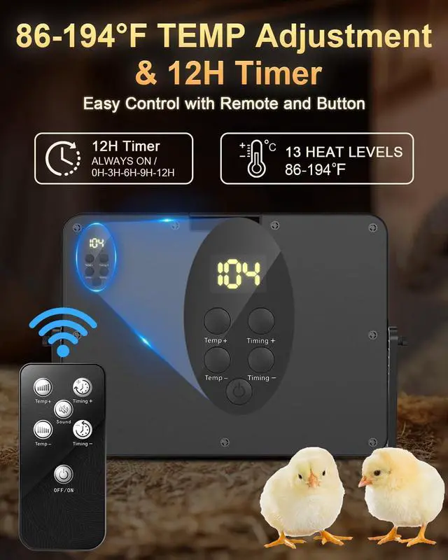 Alt view image 3 of 7 - Chick Brooder Heater with Adjustable Temp (86~194) & 12H Timer & Height & Angle, Rapid-Heating Heat Plate for Chicks with Remote Control, 16"x12" for 30 Chicks, Brooder Plate for Young Poultry
