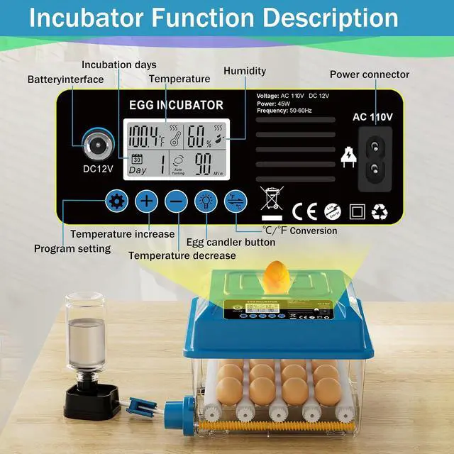 Alt view image 7 of 7 - 16 Eggs Incubators for Hatching Eggs, Egg Incubator with Automatic Egg Turning, Chicken Egg Incubator with Humidity and Incubation Day Display, Incubator with Egg Candler for Poultry(Blue)
