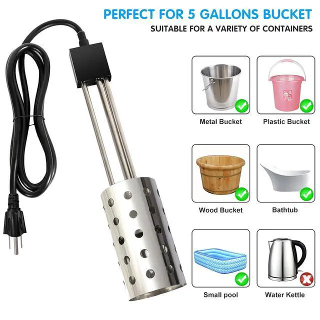 Alt view image 7 of 7 - 1500W Bucket Heater, Rust Proof Built in Temperature Controller Immersion Water Heater, Heats 5 Gallons of Water in Minutes with Auto Shutoff, for Home Outdoor Camping and Winter Job