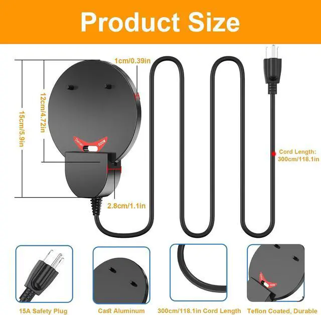 Alt view image 3 of 7 - 500W Chicken Water Heater w/Thermostat, Aluminum Cast Bird Bath Heater & Pond Deicer, Winter Trough Heater for Poultry, Horses, Cows
