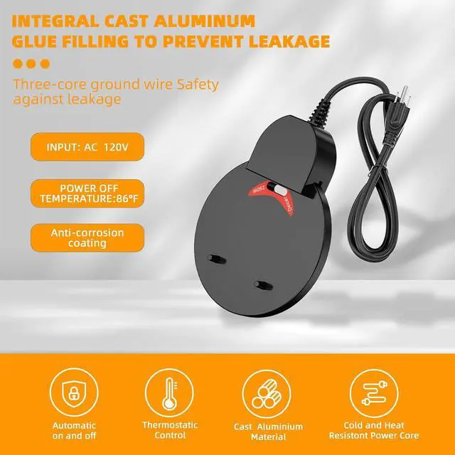 Alt view image 6 of 7 - 500W Chicken Water Heater w/Thermostat, Aluminum Cast Bird Bath Heater & Pond Deicer, Winter Trough Heater for Poultry, Horses, Cows