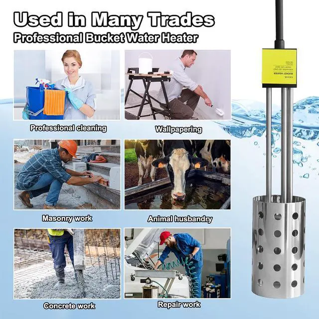 Alt view image 7 of 7 - 1500W Immersion Heater, Bucket Water Heater with 304 Stainless-Steel Guard, Submersible Bucket Heater with Thermostat and Auto Shutoff, Perfect for Home Travel and Winter Job