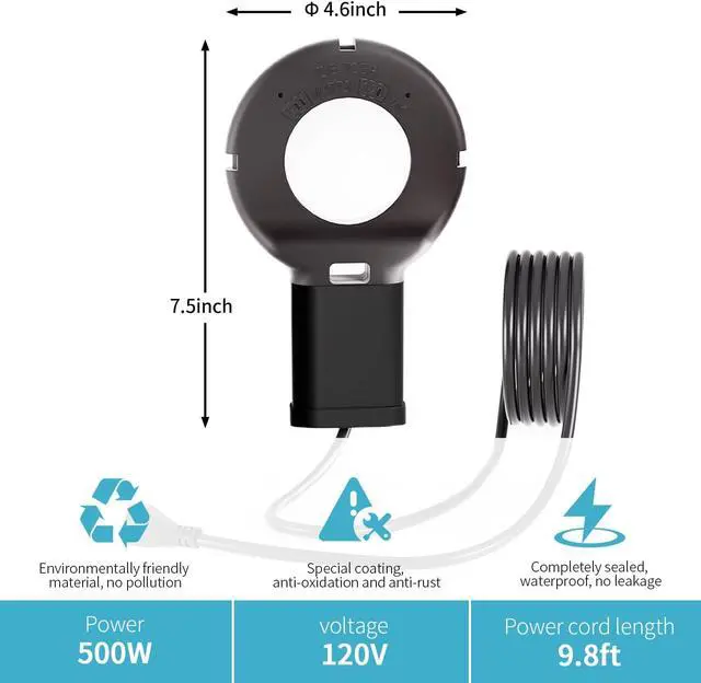 Alt view image 3 of 7 - 2Pack 500 Watt Pond De-Icer with Thermostat, Cast Aluminum Submersible Bird Bath Heater, Heated Chicken Water, Power Cord 9.8 Ft