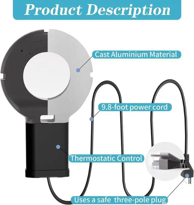 Alt view image 4 of 7 - 2Pack 500 Watt Pond De-Icer with Thermostat, Cast Aluminum Submersible Bird Bath Heater, Heated Chicken Water, Power Cord 9.8 Ft