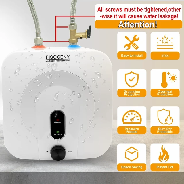Alt view image 3 of 7 - 2.5-Gallon Mini Tank Water Heater, 1500W 120V Under Sink Hot Water for RV Kitchen, 1/2NPT Stainless Steel Hose & 3-Way Fitting, White