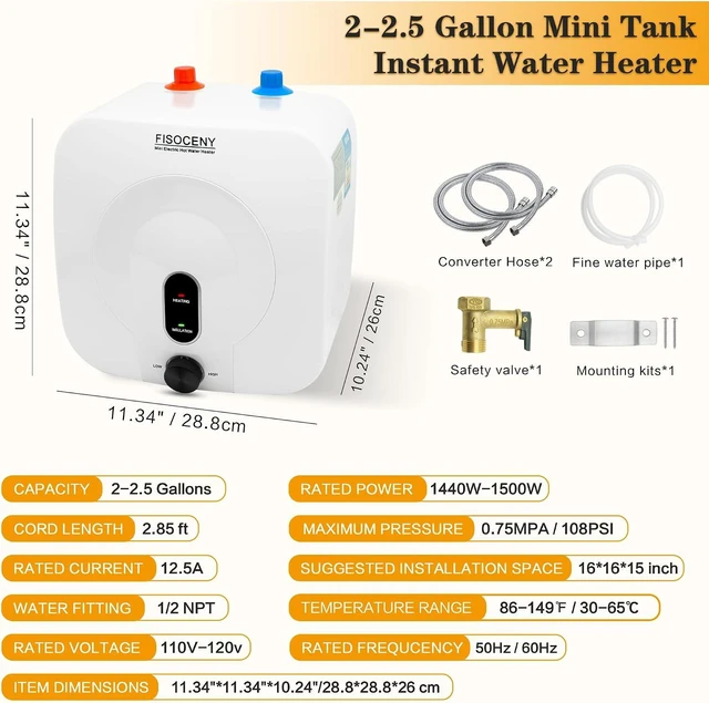 Alt view image 4 of 7 - 2.5-Gallon Mini Tank Water Heater, 1500W 120V Under Sink Hot Water for RV Kitchen, 1/2NPT Stainless Steel Hose & 3-Way Fitting, White