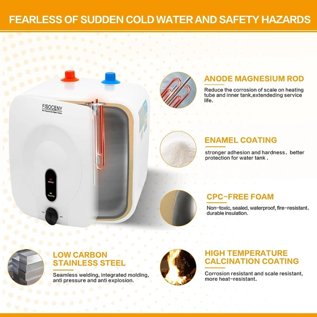 Alt view image 6 of 7 - 2.5-Gallon Mini Tank Water Heater, 1500W 120V Under Sink Hot Water for RV Kitchen, 1/2NPT Stainless Steel Hose & 3-Way Fitting, White