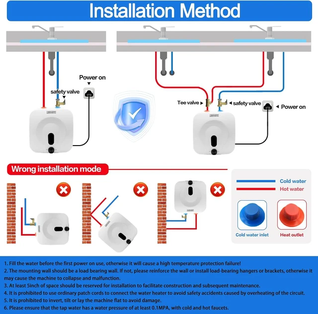 Alt view image 7 of 7 - 2.5-Gallon Mini Tank Water Heater, 1500W 120V Under Sink Hot Water for RV Kitchen, 1/2NPT Stainless Steel Hose & 3-Way Fitting, White