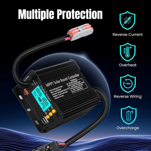 Alt view image 3 of 7 - 400W Boost MPPT Solar Charge Controller, LCD Panel Regulator for 24V/36V/48V/60V/72V Lead-Acid, LiFePO4, Gel & Flooded Batteries, Golf Cart, eBike, Club Car