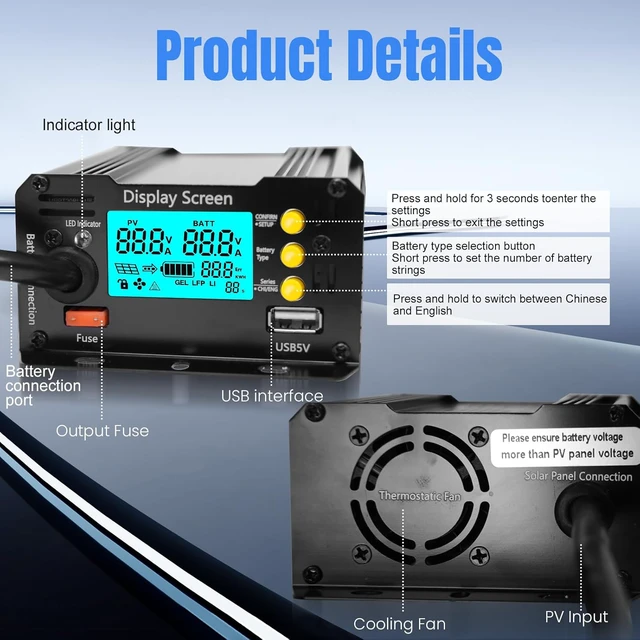 Alt view image 6 of 7 - 400W Boost MPPT Solar Charge Controller, LCD Panel Regulator for 24V/36V/48V/60V/72V Lead-Acid, LiFePO4, Gel & Flooded Batteries, Golf Cart, eBike, Club Car