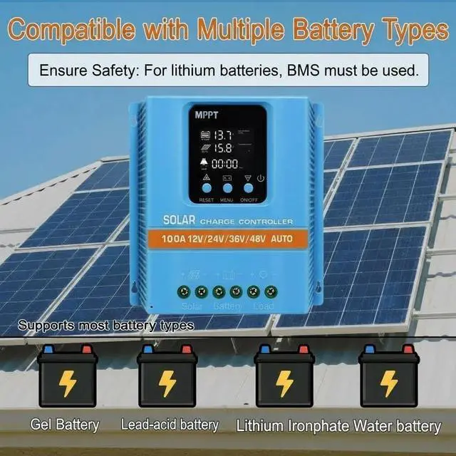 Alt view image 4 of 7 - Solar Charge Controller 100A 12V 24V 36V 48V Intelligent Recognition LCD Display Battery Intelligent Regulator Maximum 100V Input Dual USB for Lead Acid/Lithium Battery (SA100A)