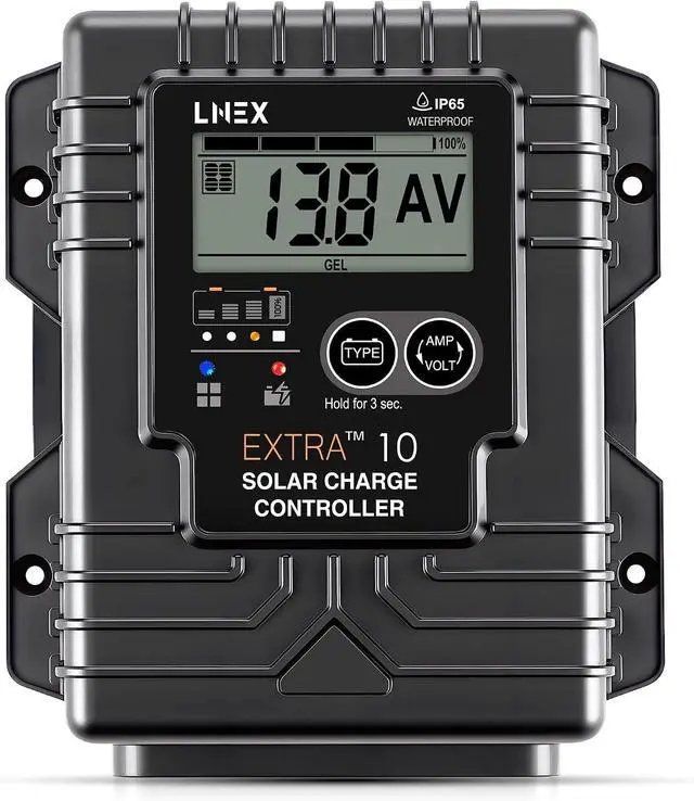 Main image of Solar Charge Controller Waterproof, 10A Solar Panel Regulator with Temp Sensor,Backlit LCD, 12V/24V PWM Solar Controller for LiFePO4,AGM, Gel, Flooded and Lithium Battery