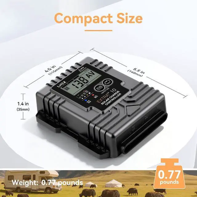 Alt view image 2 of 7 - Solar Charge Controller Waterproof, 10A Solar Panel Regulator with Temp Sensor,Backlit LCD, 12V/24V PWM Solar Controller for LiFePO4,AGM, Gel, Flooded and Lithium Battery