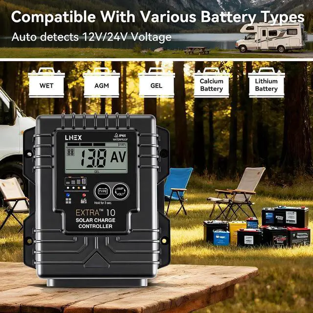 Alt view image 7 of 7 - Solar Charge Controller Waterproof, 10A Solar Panel Regulator with Temp Sensor,Backlit LCD, 12V/24V PWM Solar Controller for LiFePO4,AGM, Gel, Flooded and Lithium Battery