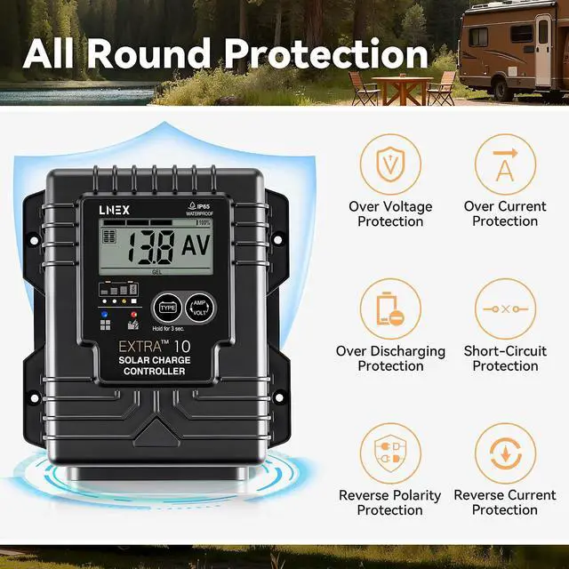 Alt view image 6 of 7 - Solar Charge Controller Waterproof, 10A Solar Panel Regulator with Temp Sensor,Backlit LCD, 12V/24V PWM Solar Controller for LiFePO4,AGM, Gel, Flooded and Lithium Battery