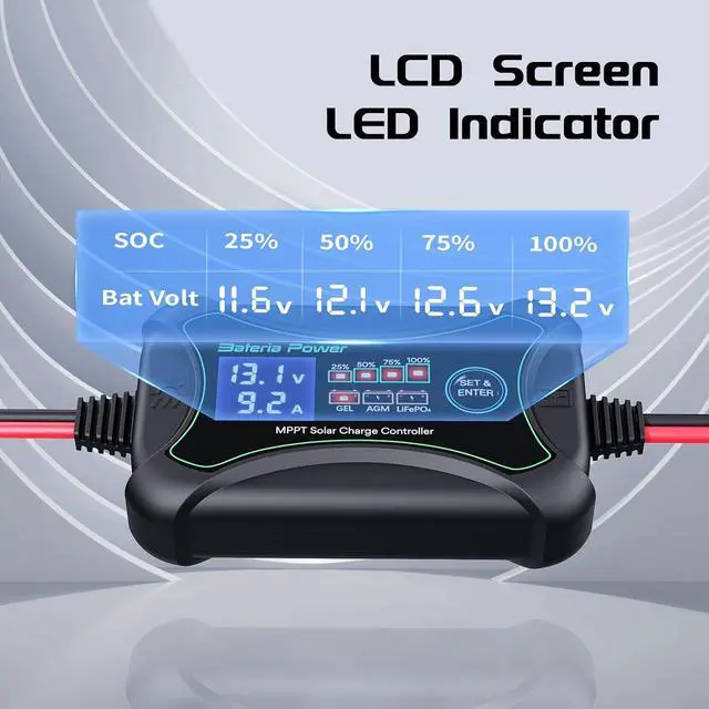 Alt view image 4 of 7 - 10Amp 12 Volt MPPT Solar Charge Controller, Intelligent Portable Solar Panel Controller, Max PV 150W 30Voc Solar Regulator for Gel AGM Lead-Acid, Lithium LiFePO4 Battery (SunRock 10)