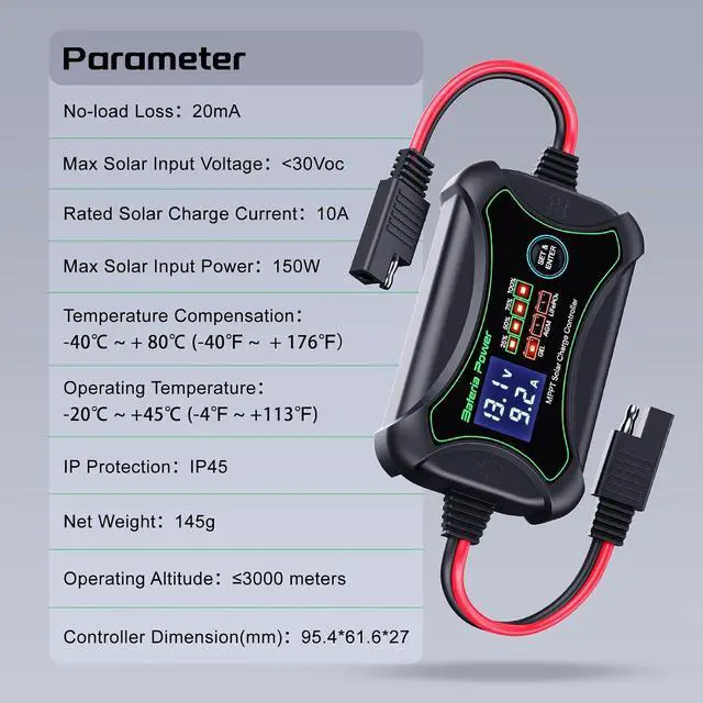 Alt view image 7 of 7 - 10Amp 12 Volt MPPT Solar Charge Controller, Intelligent Portable Solar Panel Controller, Max PV 150W 30Voc Solar Regulator for Gel AGM Lead-Acid, Lithium LiFePO4 Battery (SunRock 10)
