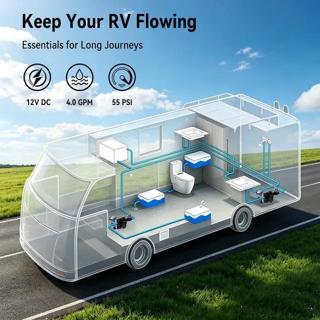 Alt view image 2 of 7 - 12V RV Water Pump 4.0 GPM - 55 PSI Self-Priming & Quiet Diaphragm Pump with Adjustable Pressure Switch & Strainer for RV,Marine,Camper,Boat,Garden(Run-Dry Safe)